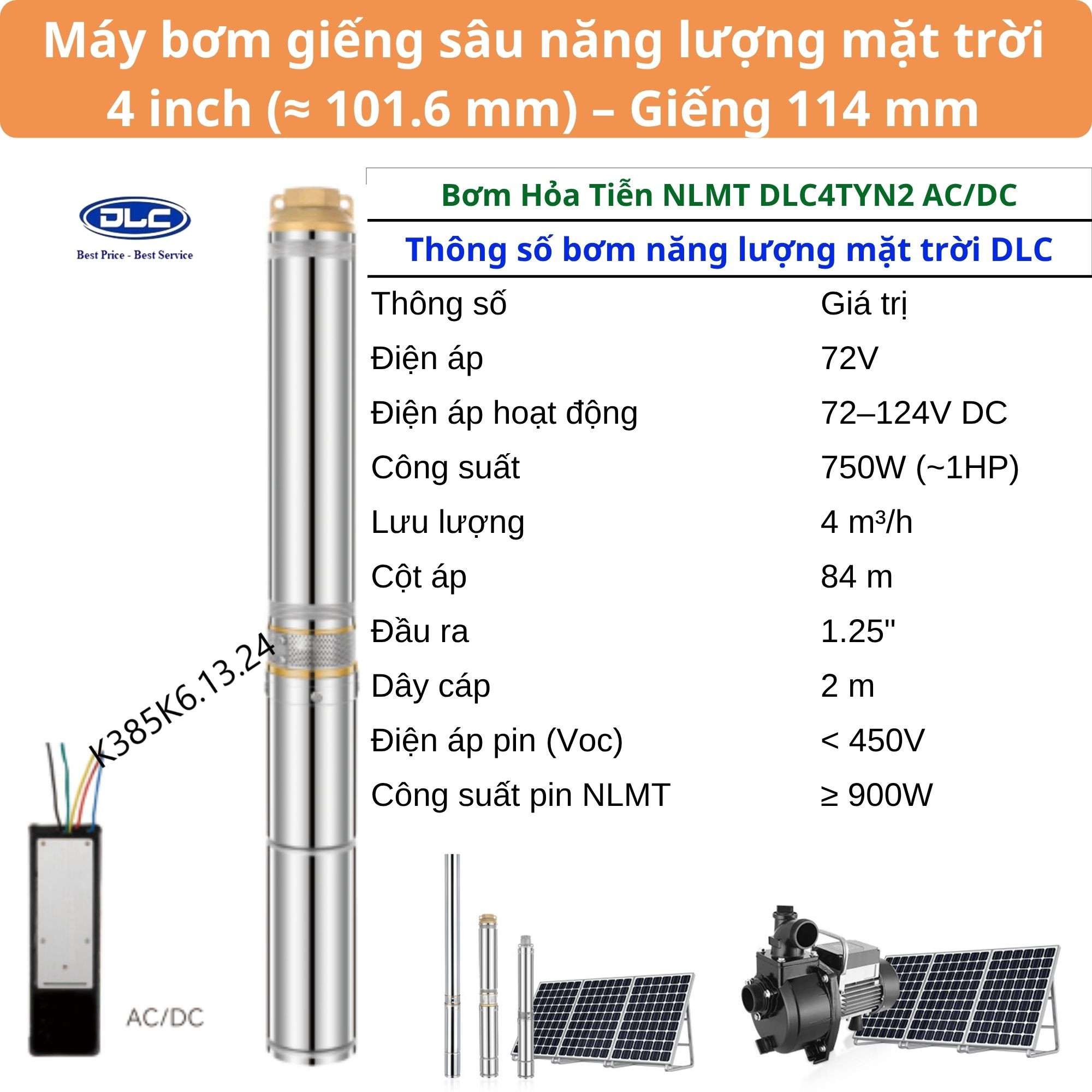 Bơm hỏa tiễn năng lượng mặt trời 1HP ACDC 750W